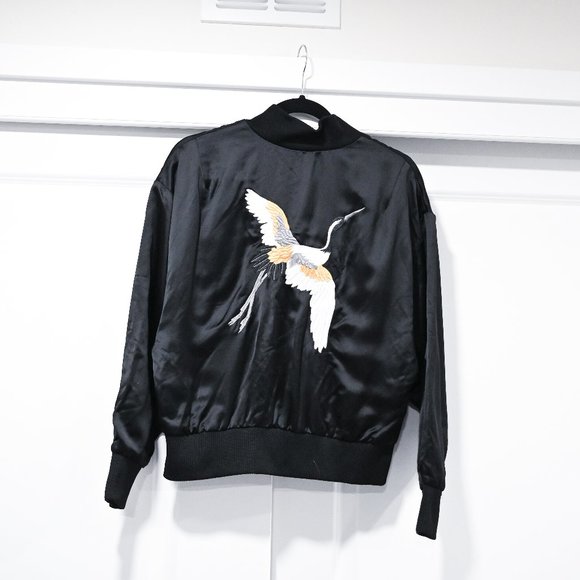 CARBON38 Hayato Satin Jacket Embroidered Egret Bomber JacketSmall